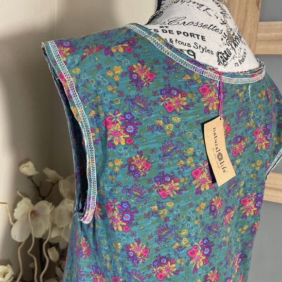 Natural Life Bohemian Fall Hangout Cotton Midi Dress Green Floral Pocket M NWT - Picture 10 of 12